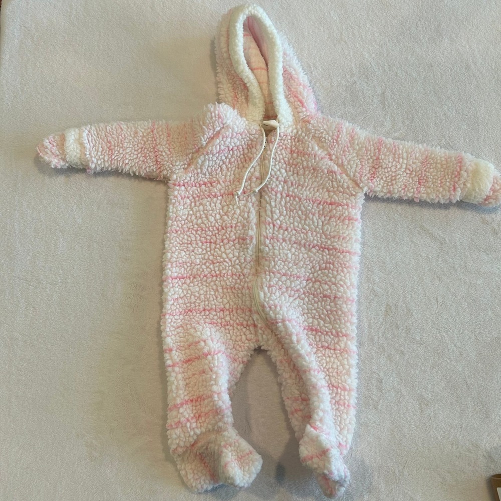 VTG Teddy Bears Striped Sherpa Fleece Hooded Pram Suit Footed Bunting One Piece